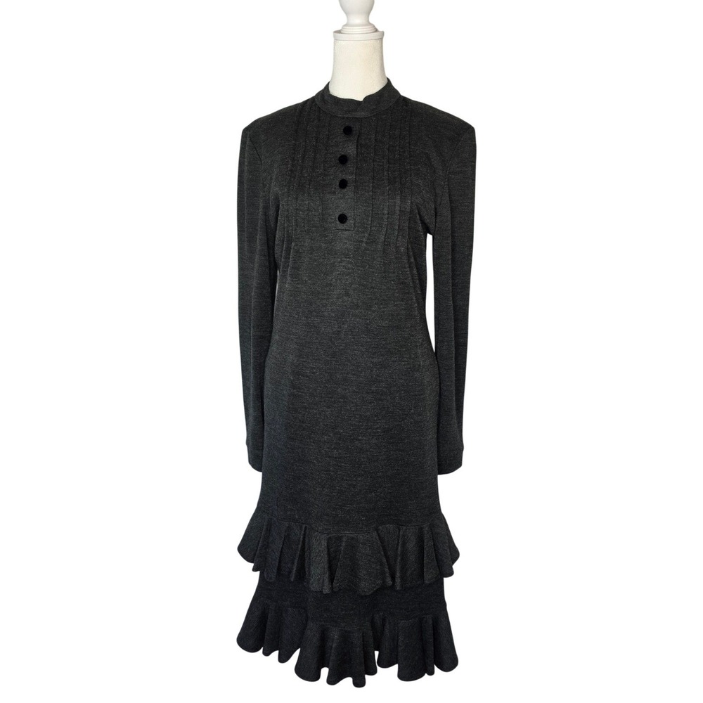 Miss O by Oscar de la Renta Vintage Gray Wool Blend Ruffle witchy Dress Italy